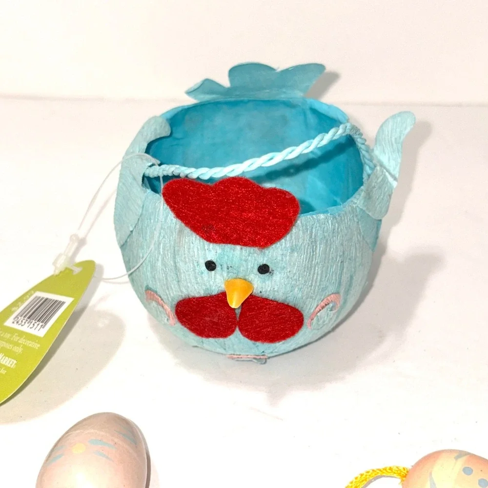 World Market Easter Blue Chicken Crepe Paper Basket & 14 Wooden Egg Ornaments